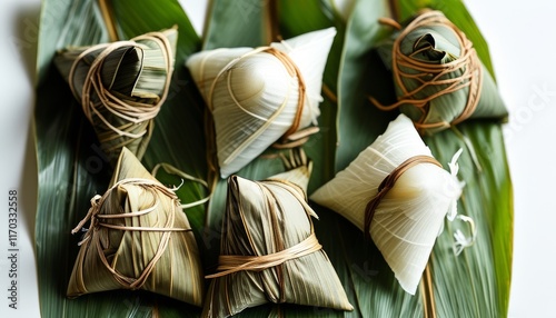 Traditional Zongzi Dumplings Wrapped in Bamboo Leaves from a Top-Down View photo