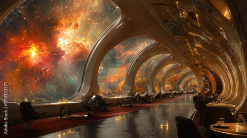 Fototapeta Naklejka Na Ścianę i Meble -  Futuristic spaceship interior with nebula view.