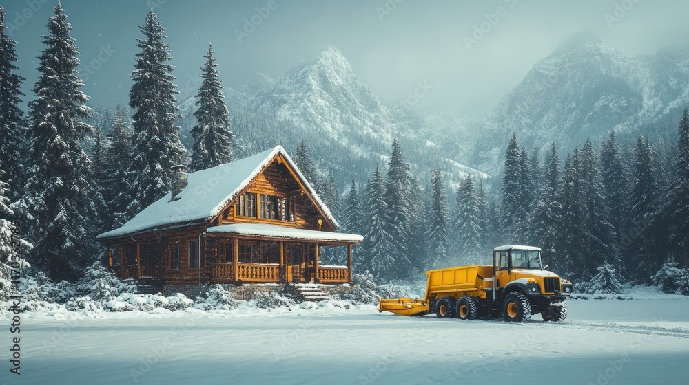 Snowy landscape with a cabin and a snowplow vehicle. Snowy landscape with a cabin and a snowplow vehicle.