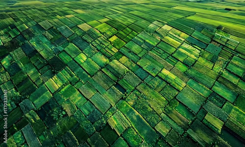 Aerial View of Geometrically Arranged Green Rice Paddies