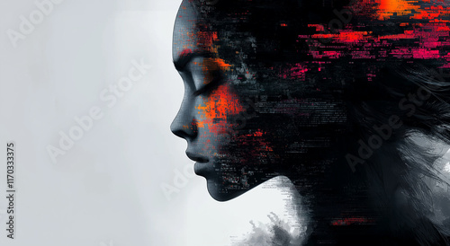 An artistic representation of the profile view of an AI humanoid head, with glitch art-inspired digital noise and vibrant color splashes on its face. The background is white to hig photo