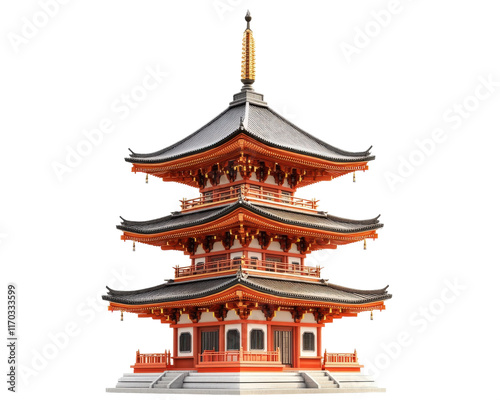 traditional Japanese pagoda with multi tiered roof, showcasing intricate architectural details and vibrant colors. This structure represents cultural heritage and artistry photo