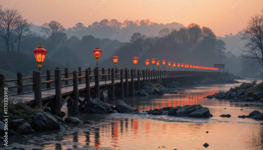 Obraz premium Serene bridge illuminated by lanterns at sunset over calm water.