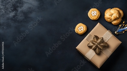 Hanukkah Gift Ideas: Bitcoin Cookies & Festive Treats on Dark Background AI Generated photo