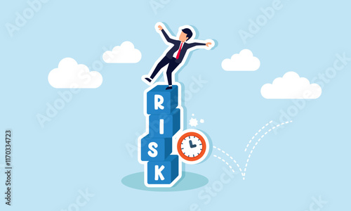 A businessman nearly falls from a stack of boxes labeled RISK hit by a clock, illustration of approaching project deadlines increasing risk