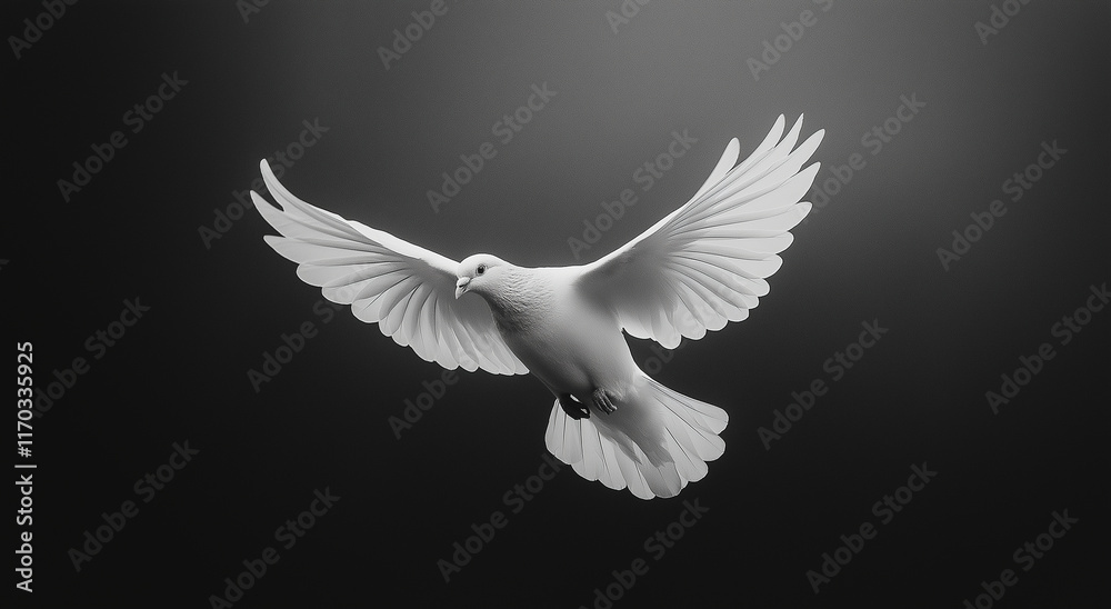Fototapeta premium A white dove flying in the air, against a pure black background, with high contrast and high-resolution photography, in a minimalist style and monochrome background, captured with