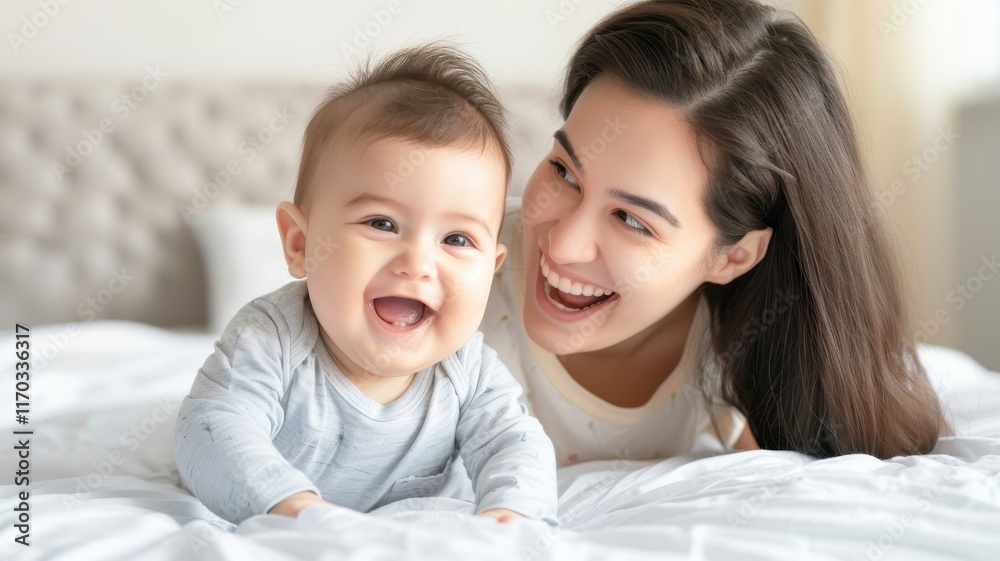 A joyful baby and mother share a heartwarming moment on a bed, capturing happiness and love in their smiles.