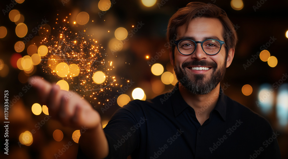 A happy businessman holding out his hand to touch glowing data visualizations floating in the air, displaying graphs and charts. The background is blurred with bokeh lights, creati A happy businessman holding out his hand to touch glowing data visualizations floating in the air, displaying graphs and charts. The background is blurred with bokeh lights, creati