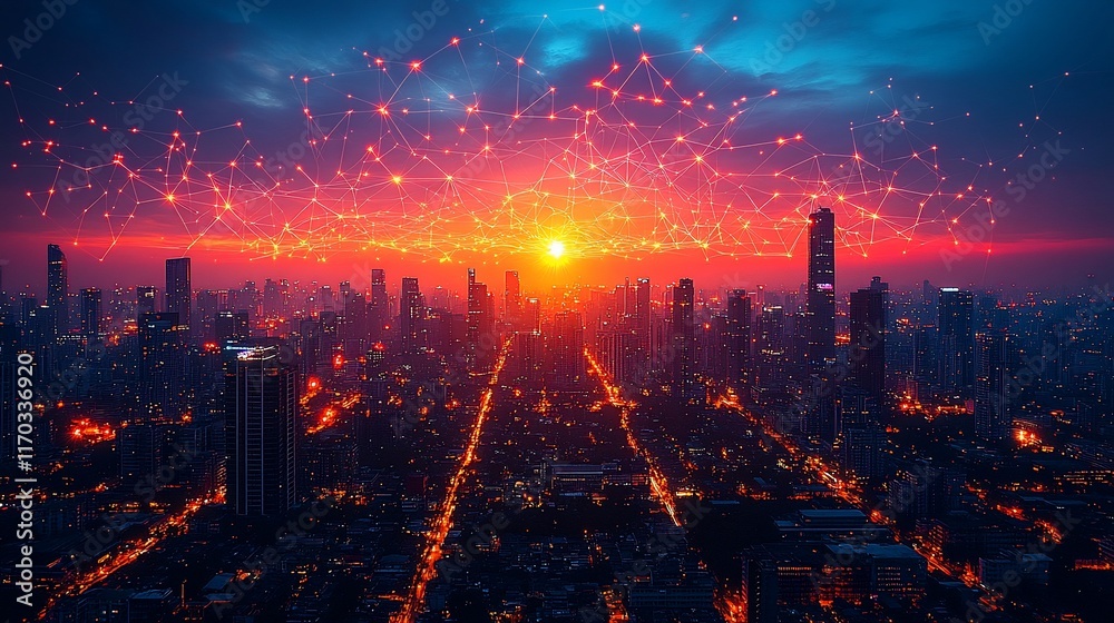Fototapeta premium Cityscape Sunset Network Illuminated Urban Skyline
