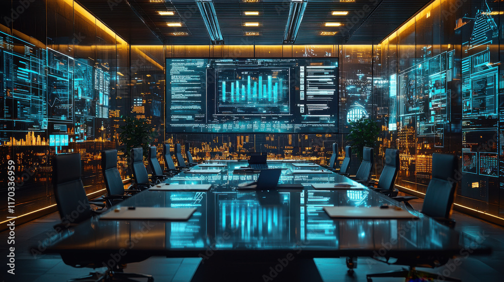 Fototapeta premium Futuristic Boardroom, Data Analytics, Tech - Futuristic/Sci-fi