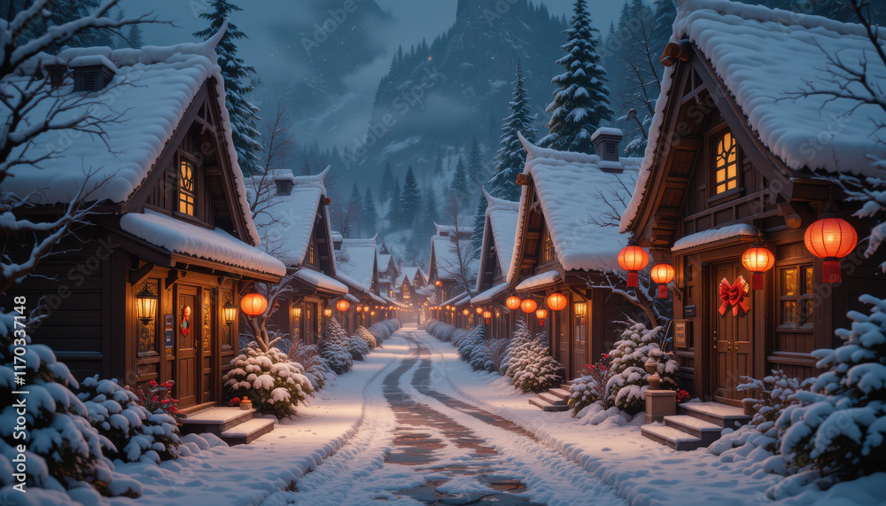 Snowy village path with cozy cabins and festive lanterns.