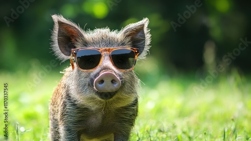 Cute piglet wearing sunglasses in a sunny meadow.
