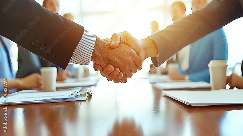 A handshake between two executives in a brightly lit conference room with colleagues in the background collecting their materials A handshake between two executives in a brightly lit conference room with colleagues in the background collecting their materials