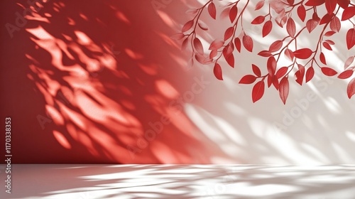 Studio backdrop with wall interior featuring leaf shadows in red and white tones, ideal for product placement and text insertion. 