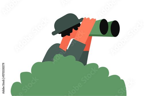 A spy hide behind bush, spying with binocular illustration