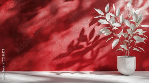 Studio backdrop with wall interior featuring leaf shadows in red and white tones, ideal for product placement and text insertion. 