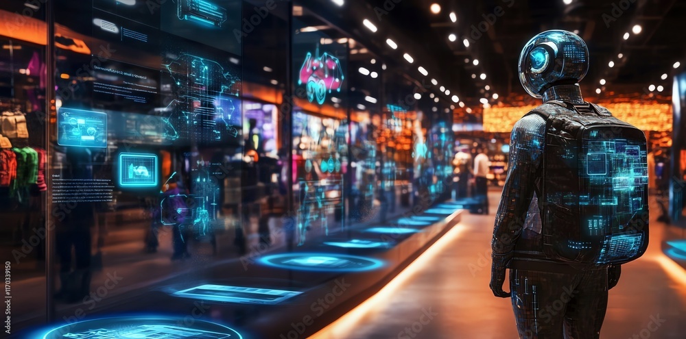 Cyberpunk Retail: Futuristic Robot Browsing Interactive Store Displays Cyberpunk Retail: Futuristic Robot Browsing Interactive Store Displays