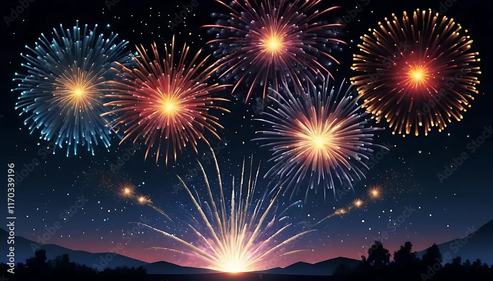 Vibrant Fireworks Display Over Silhouetted Mountains At Night Vibrant Fireworks Display Over Silhouetted Mountains At Night
