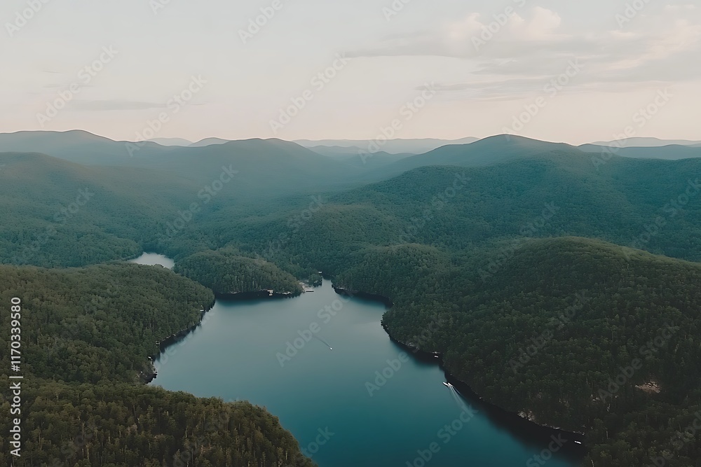 Aerial View of Serene Mountain Landscape with Calm Waters and Forests Aerial View of Serene Mountain Landscape with Calm Waters and Forests