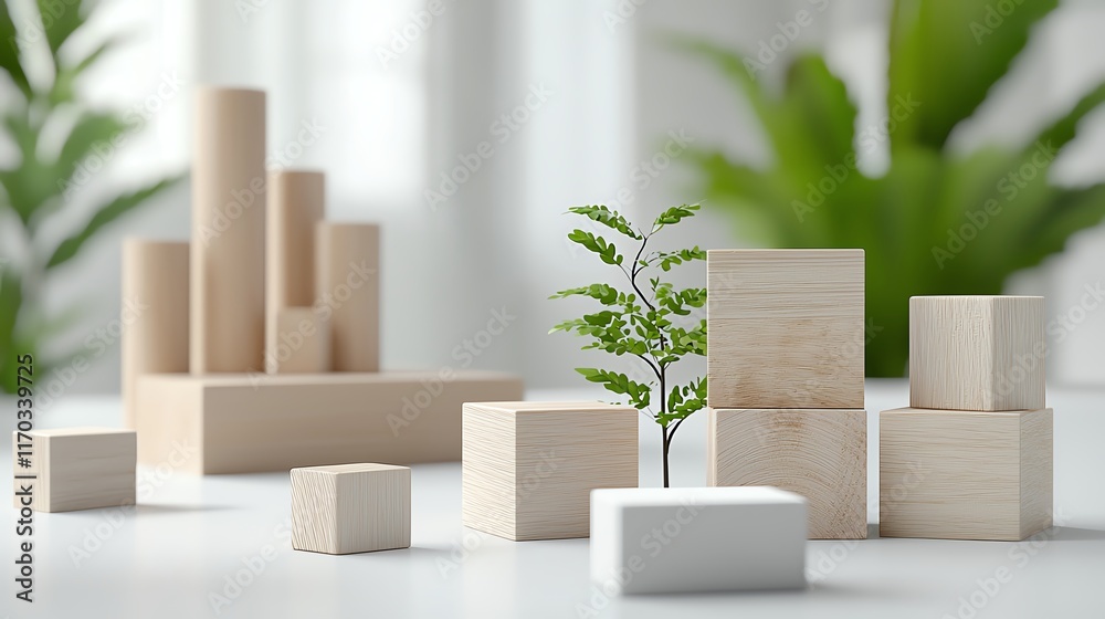 Wooden blocks and a small plant symbolize sustainable growth and eco-friendly concepts in a minimalist setting. Wooden blocks and a small plant symbolize sustainable growth and eco-friendly concepts in a minimalist setting.