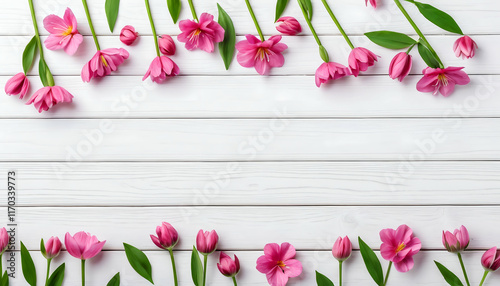 Spring Flowers. Pink Flowers On White Wooden Backgunds