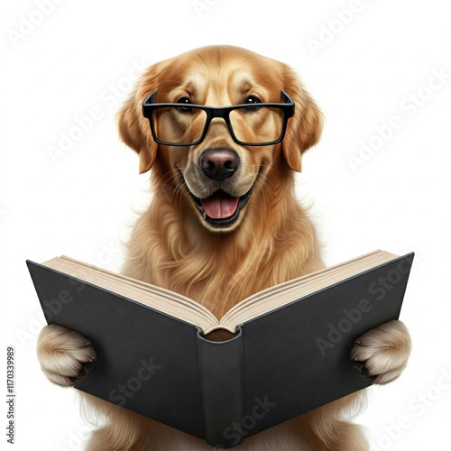 Golden Retriever Hund mit Brille und Buch vor weißem hintergrund
