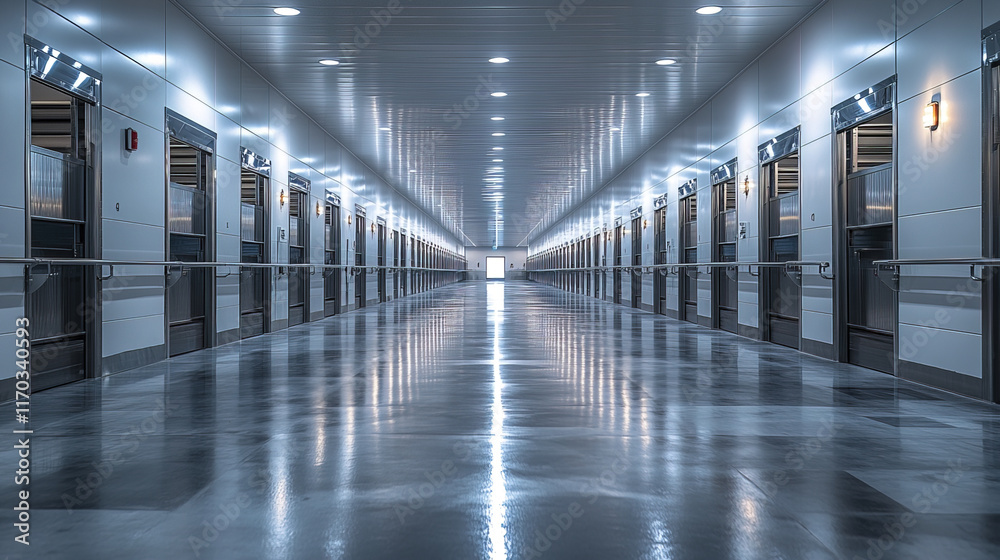 modern corridor with storage units and bright lighting creates spacious feel