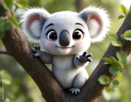 Adorable Koala Cub: A Charming 3D Render in Lush Greenery photo