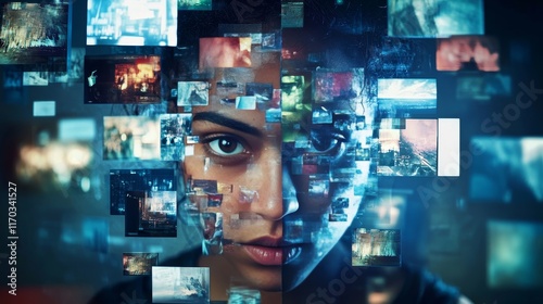 Person surrounded by screens, face fragmented, symbolizing mental overload from propaganda photo