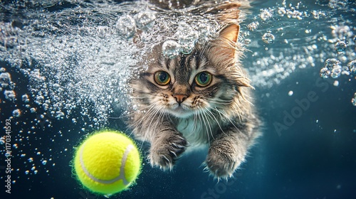 LaPerm cat swimming towards a yellow tennis ball underwater, surrounded by water bubbles. photo