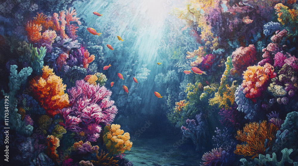 Naklejka premium Vibrant coral reef teeming with colorful marine life and sunlight