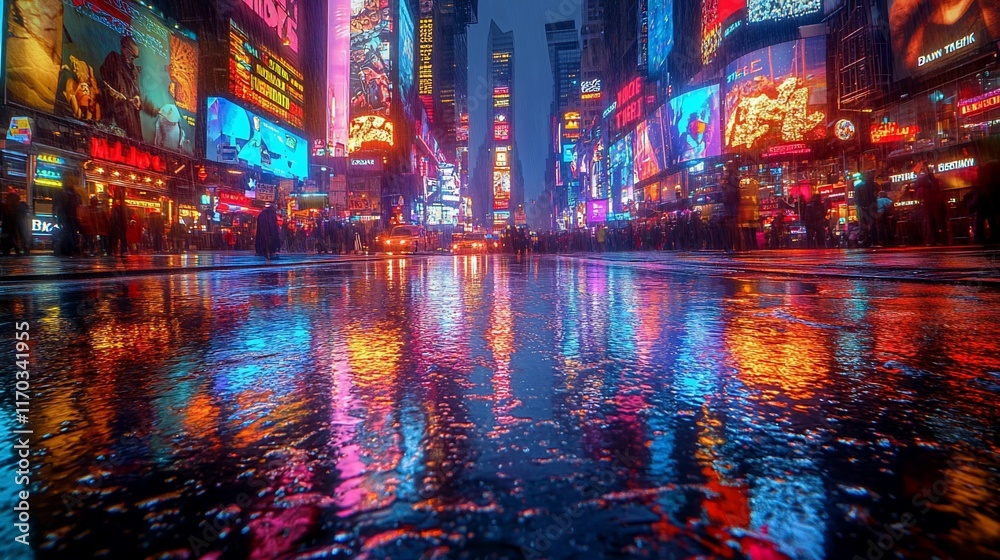 Fototapeta premium Rain Reflects Vibrant Times Square Night Lights