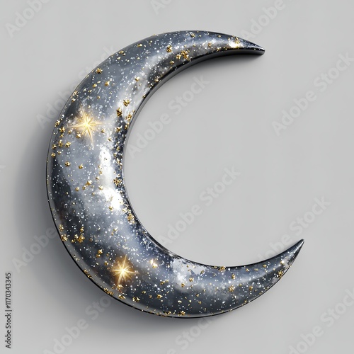 Crescent moon icon, silver texture, starry embellishments, 3D illustration photo