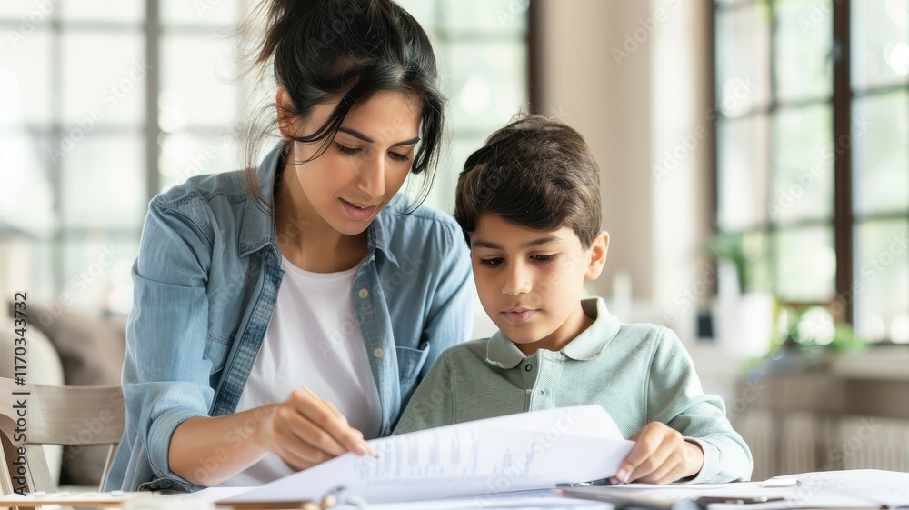 A mother helps her son with schoolwork at a table, surrounded by papers and a bright, airy room filled with natural light. A mother helps her son with schoolwork at a table, surrounded by papers and a bright, airy room filled with natural light.