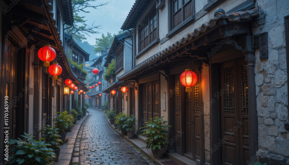 Obraz premium Tranquil alleyway adorned with lanterns in a historic setting.
