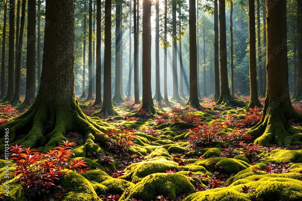 Obraz premium Lush forest landscape featuring moss-covered ground and vibrant red plants under tall trees with sunlight streaming through. Nature concept. Ai generative