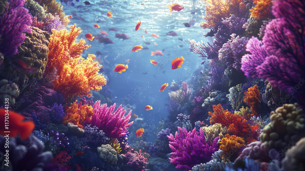 Naklejka premium Vibrant coral reef with colorful fish swimming in clear water