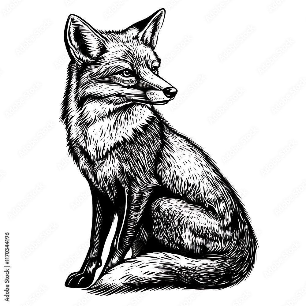 Obraz premium Detailed ink drawing of a red fox sitting.