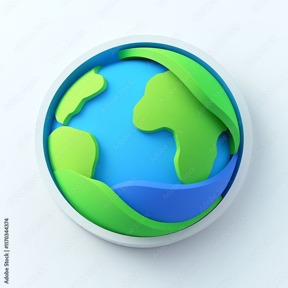 Globe icon, blue and green continents, clean design, 3D illustration Globe icon, blue and green continents, clean design, 3D illustration