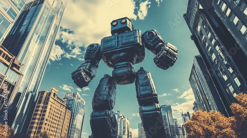 Giant robot in a cityscape, towering buildings, dramatic pose, 3D illustration