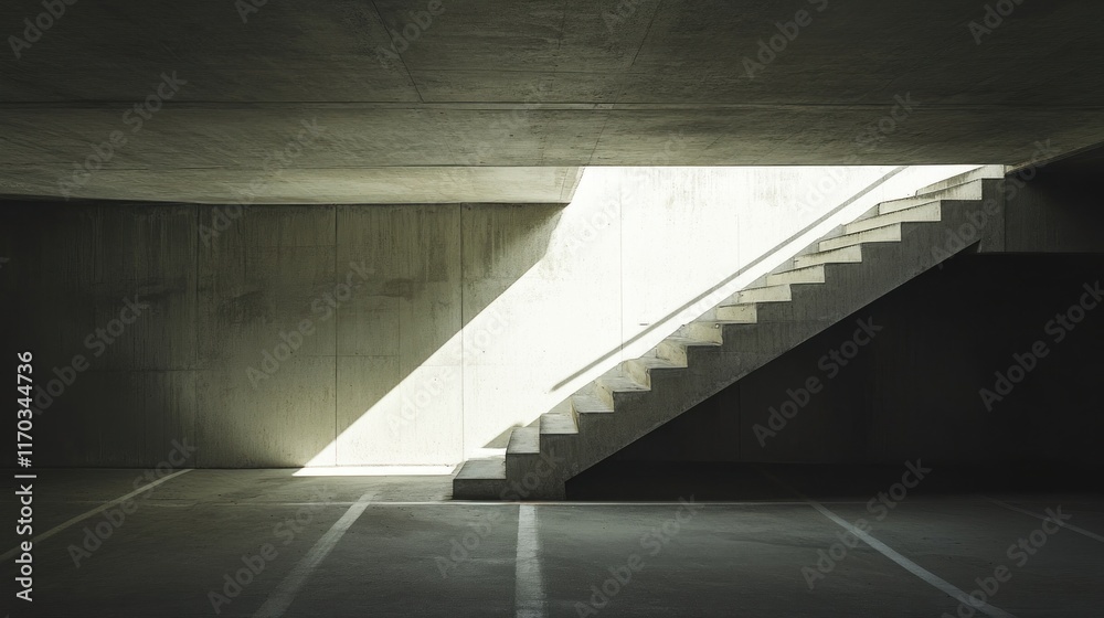 Obraz premium Concrete Staircase Illuminates a Dark Parking Garage: A Study in Light and Shadow