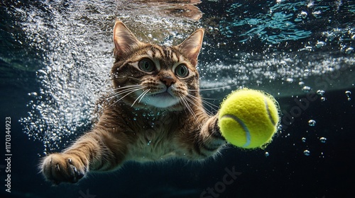 Munchkin cat underwater, reaching for a yellow tennis ball, bubbles adding dynamic energy.