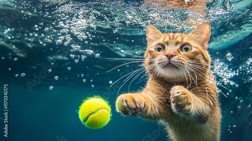 Munchkin cat underwater, reaching for a yellow tennis ball, bubbles adding dynamic energy.