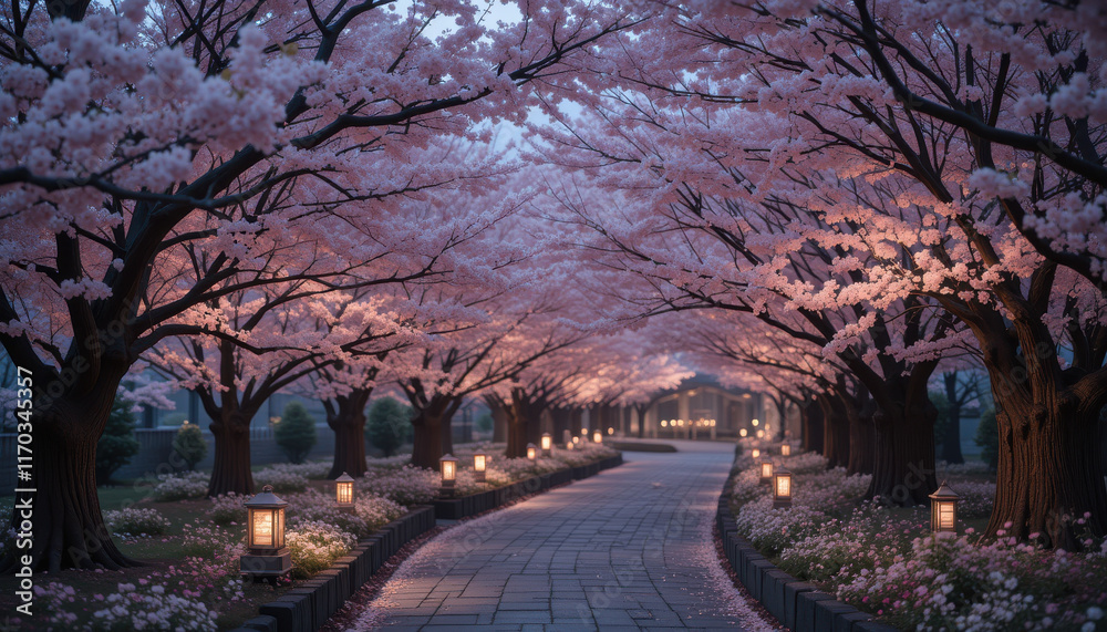 Fototapeta premium Serene cherry blossom pathway lined with lanterns at dusk.