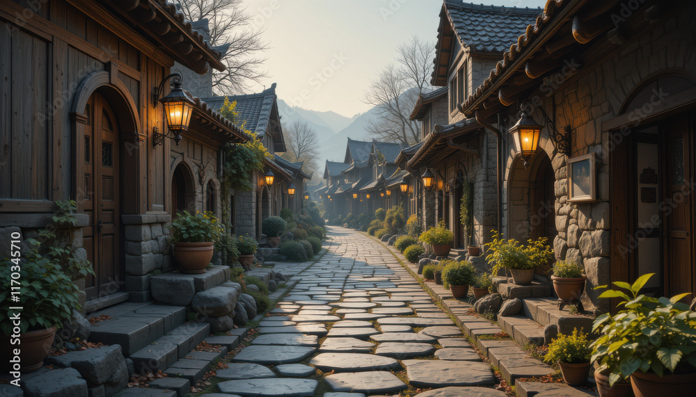 Fototapeta premium Serene cobblestone path lined with quaint wooden houses and lanterns.