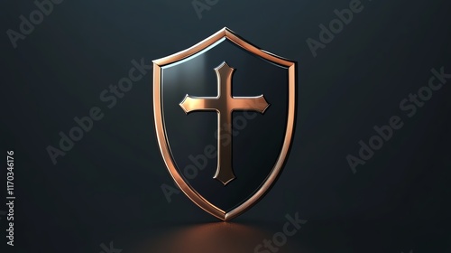 Shield with cross logo, clean symmetry, glowing metal, 3D icon style photo