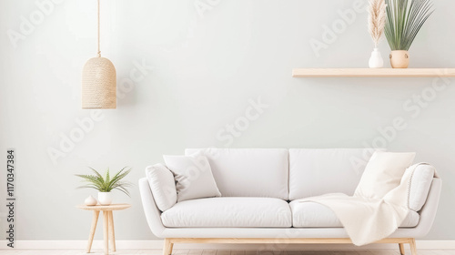 Minimalist Scandinavian Living Room Interior with White Sofa and Natural Accents