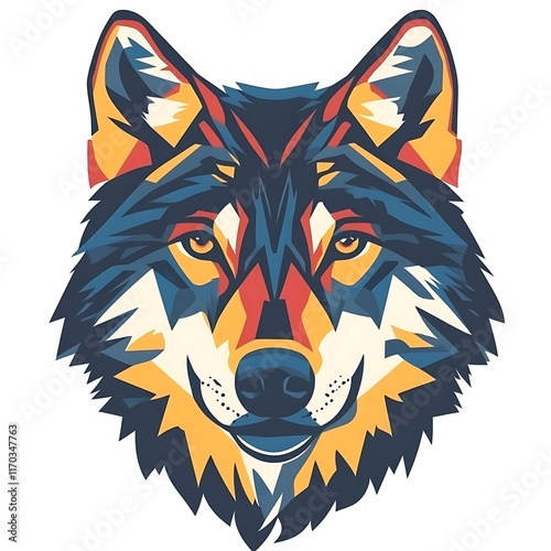 Graphic art of a wolf head with geometric color block design. photo