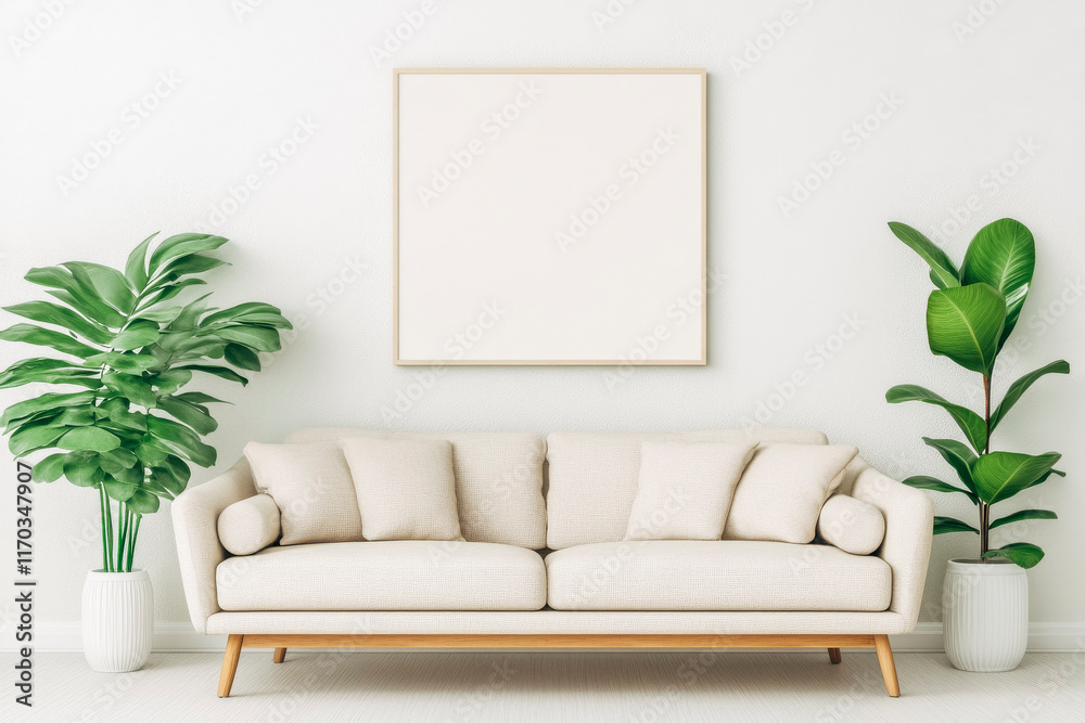 Minimalist living room with neutral sofa and blank frame for interior design inspiration Minimalist living room with neutral sofa and blank frame for interior design inspiration