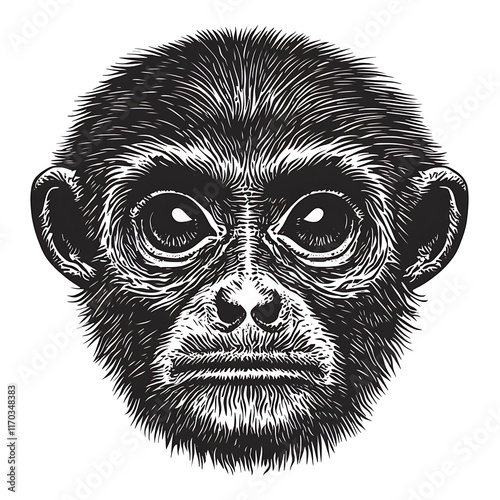 Detailed black and white drawing of a monkey's face. photo